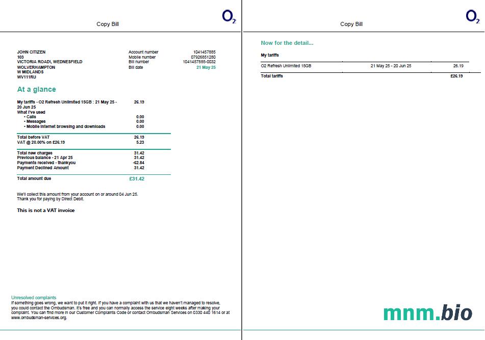 Szablon rachunku za media USA O2 w formatach Word i PDF, 2 strony, Wersja 2